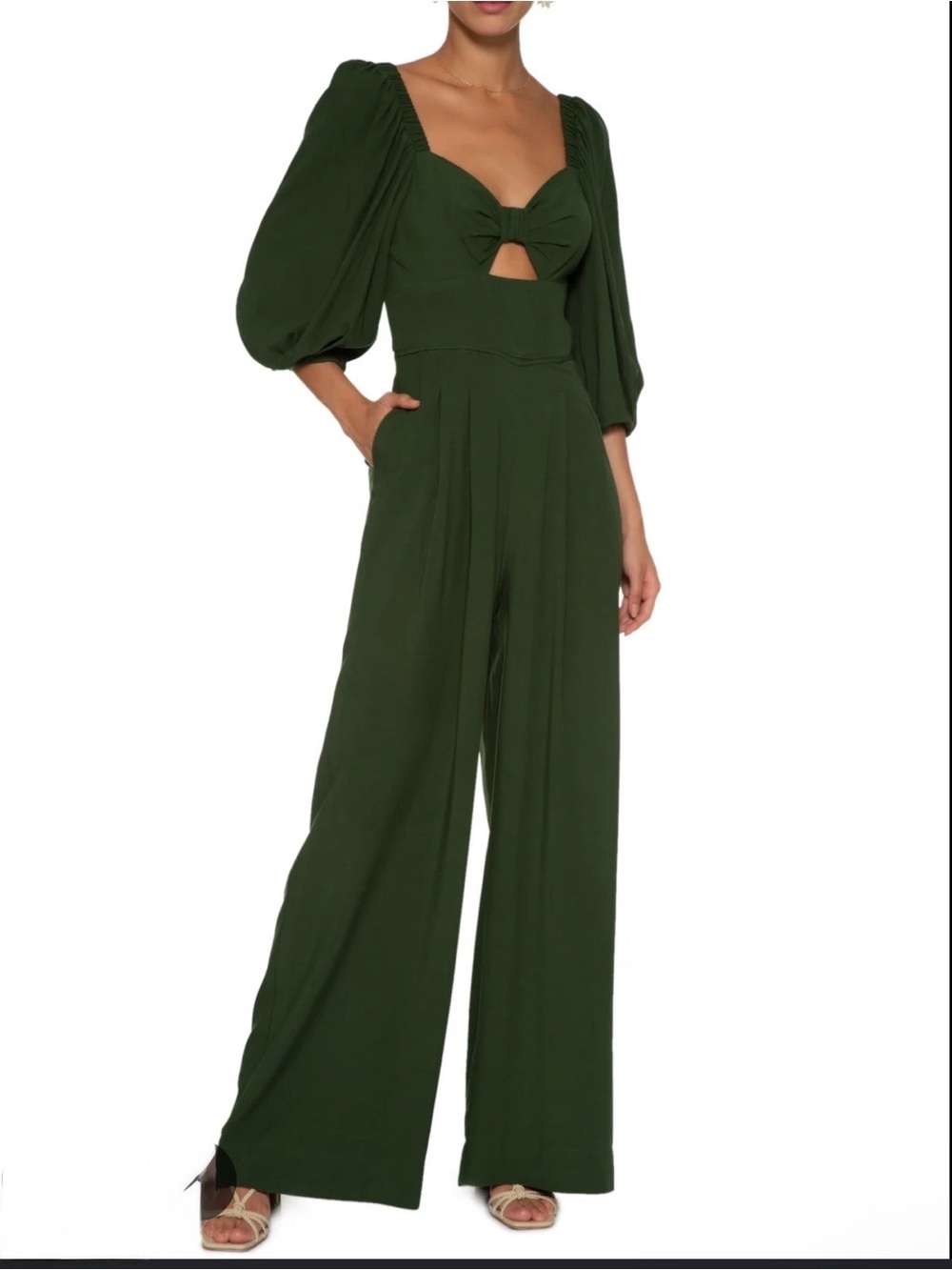 Maria Filó Olive Green Puff-Sleeve Wide-Leg Cutout Jumpsuit Size L